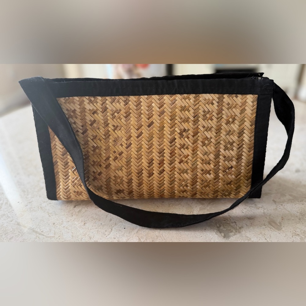 Woven Straw Shoulder Bag with Black Trim